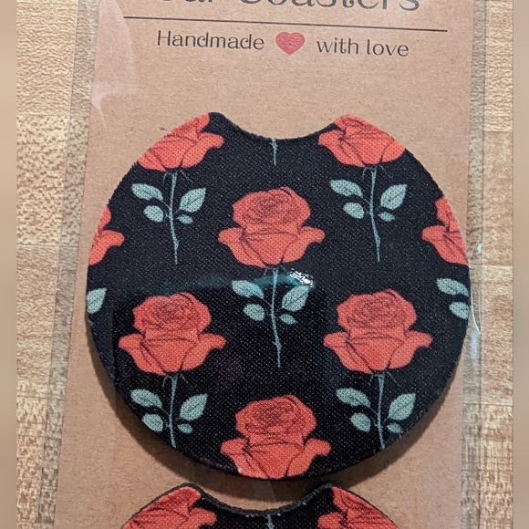 Car Coaster Set - Red Roses - Handmade - Picture 2 of 3